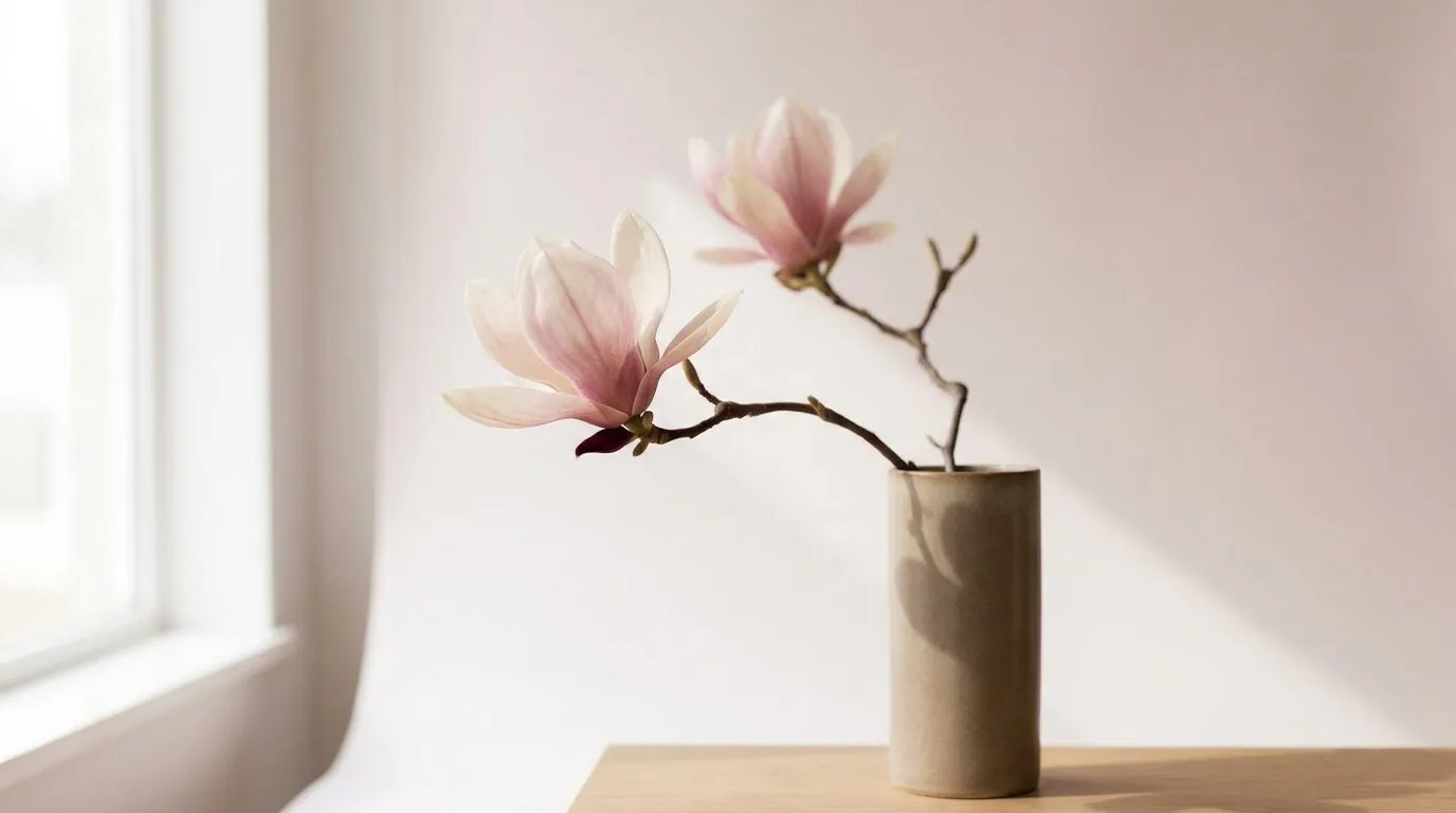 Magnolienzweig mit zwei Blüten in einer Vase